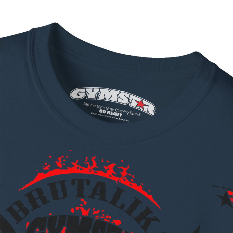 A  deep navy Gymstar t-shirt with a graphic print Brutalica and a barbell in the center, designed for fitness and sports. Front logo close up view.