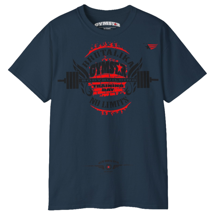 A dark navy Gymstar t-shirt with a graphic print Brutalika and a barbell in the center, designed for fitness and sports. Front view.