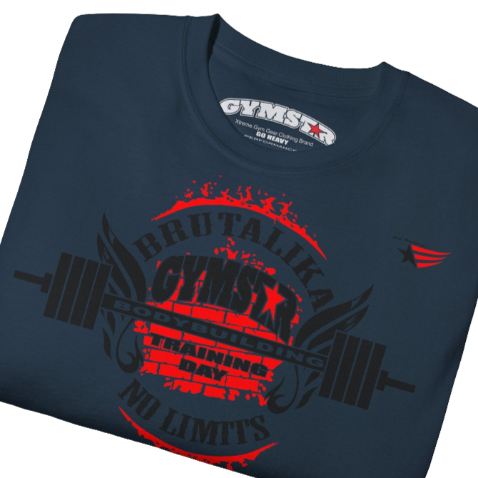 A  deep navy Gymstar t-shirt with a graphic print Brutalica and a barbell in the center, designed for fitness and sports. Front  close up view.