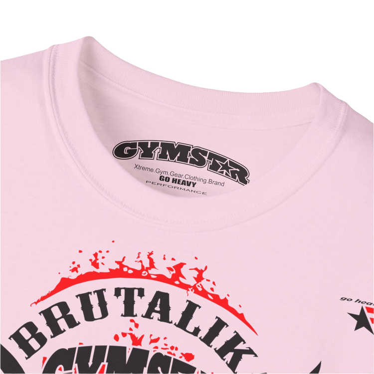 A  pink Gymstar t-shirt with a graphic print Brutalica and a barbell in the center, designed for fitness and sports. Front logo close up view.