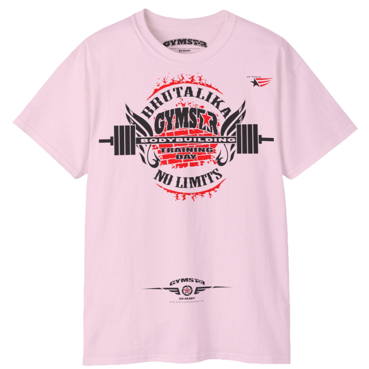 A  pink Gymstar t-shirt with a graphic print Brutalica and a barbell in the center, designed for fitness and sports. Front view.