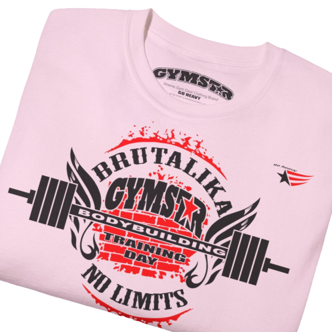 A  pink Gymstar t-shirt with a graphic print Brutalica and a barbell in the center, designed for fitness and sports. Front close up view.