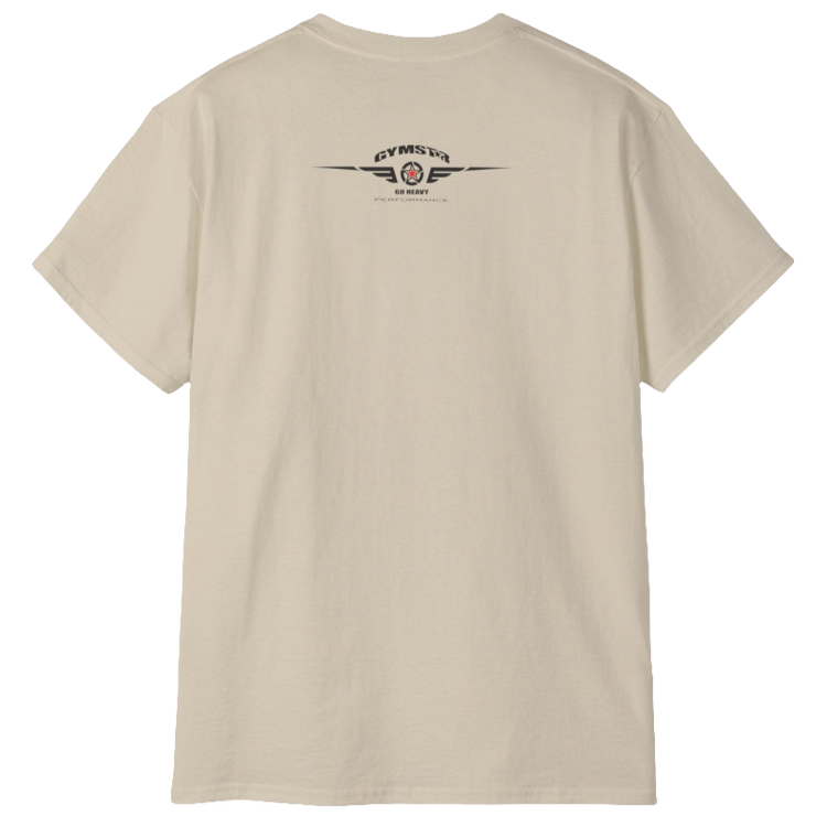 A  beige Gymstar t-shirt with a graphic print Brutalica and a barbell in the center, designed for fitness and sports. Rear view.