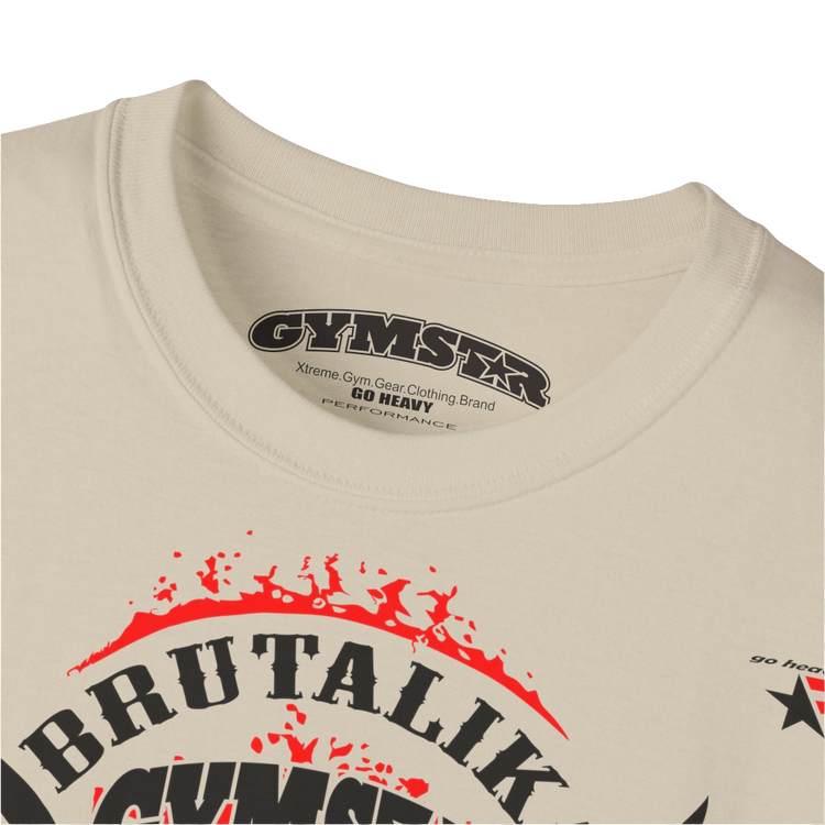 A  beige Gymstar t-shirt with a graphic print Brutalica and a barbell in the center, designed for fitness and sports. Front logo close up view