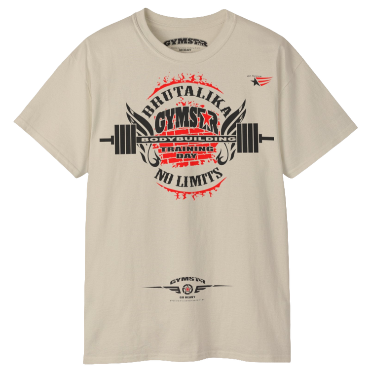 A beige Gymstar t-shirt with a graphic print Brutalika and a barbell in the center, designed for fitness and sports. Front view.