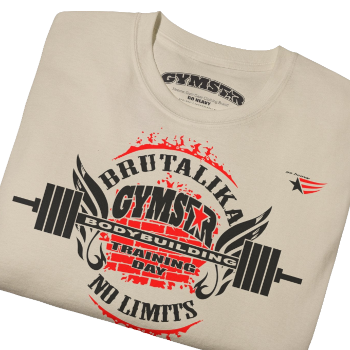 A  beige Gymstar t-shirt with a graphic print Brutalica and a barbell in the center, designed for fitness and sports. Front  close up view