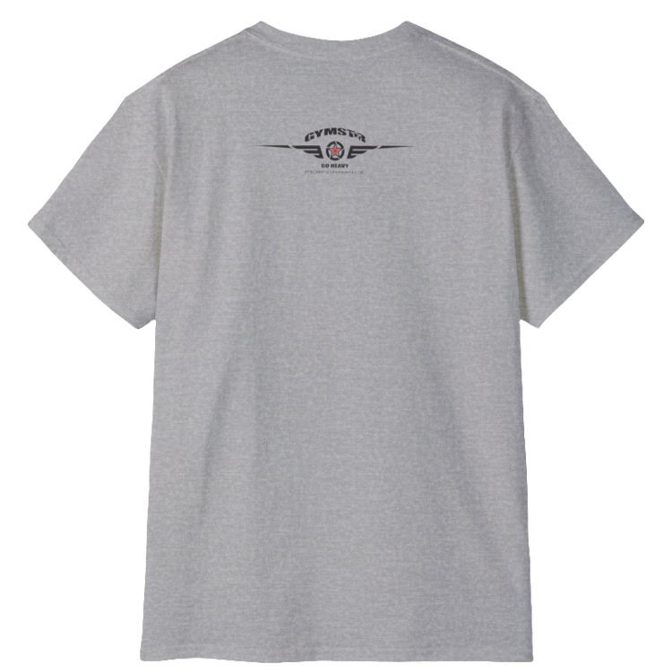 A  silver blue Gymstar t-shirt with a graphic print Brutalica and a barbell in the center, designed for fitness and sports. Rear view