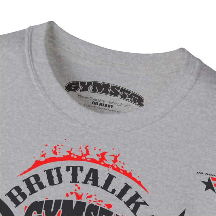 A  silver blue Gymstar t-shirt with a graphic print Brutalica and a barbell in the center, designed for fitness and sports. Front logo close up view