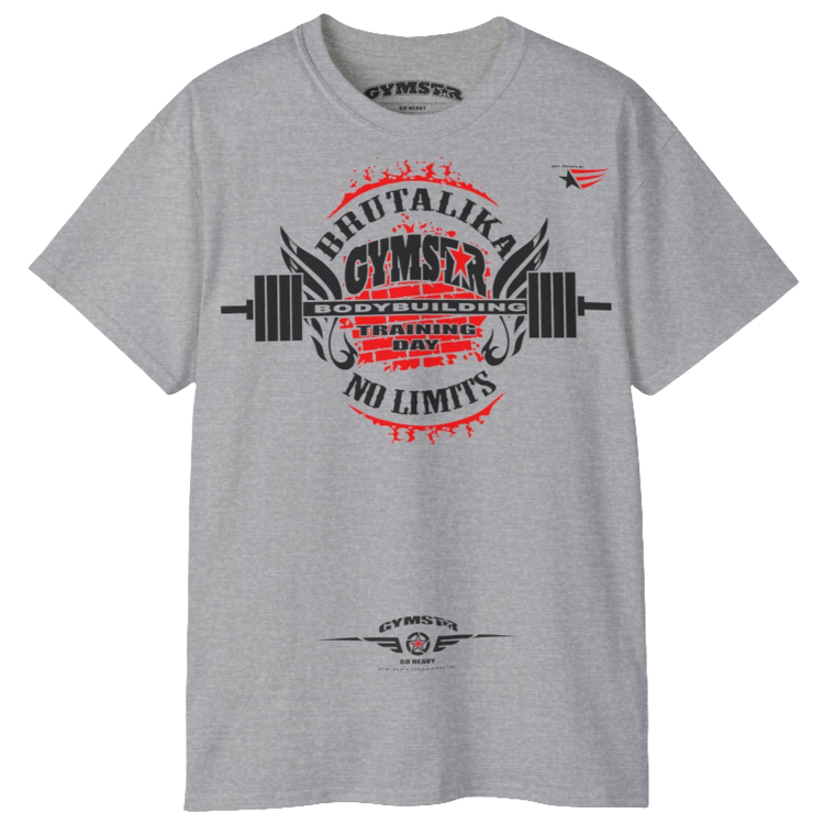 A silver grey Gymstar t-shirt with a graphic print Brutalika and a barbell in the center, designed for fitness and sports. Front view.