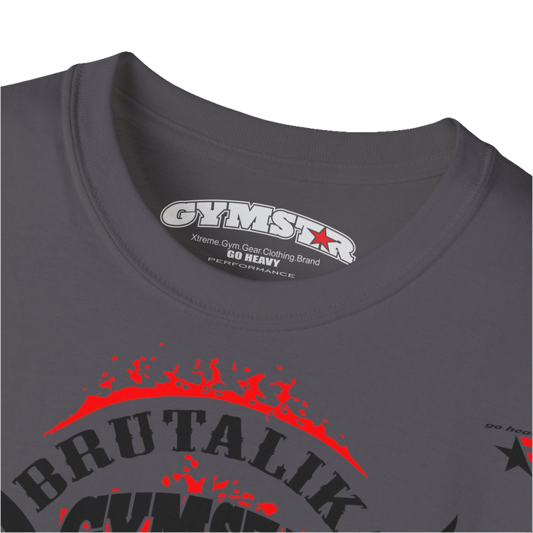 A  sport grey Gymstar t-shirt with a graphic print Brutalica and a barbell in the center, designed for fitness and sports. Front logo close up view.