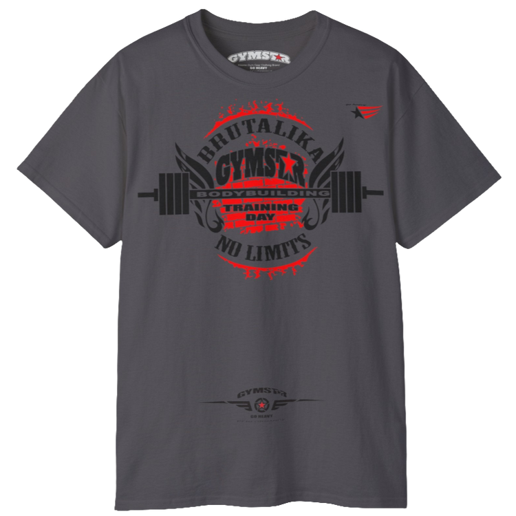 A  sport grey Gymstar t-shirt with a graphic print Brutalika and a barbell in the center, designed for fitness and sports. Front view.