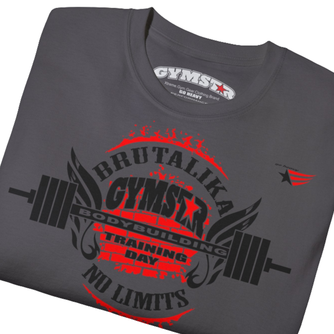 A  sport grey Gymstar t-shirt with a graphic print Brutalica and a barbell in the center, designed for fitness and sports. Front  close up view.
