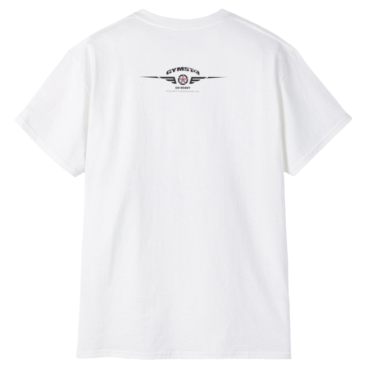 A  white Gymstar t-shirt with a graphic print Brutalica and a barbell in the center, designed for fitness and sports. Rear view