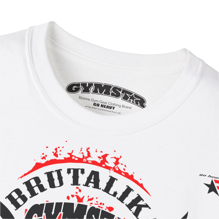 A  white Gymstar t-shirt with a graphic print Brutalica and a barbell in the center, designed for fitness and sports. Front logo close up view