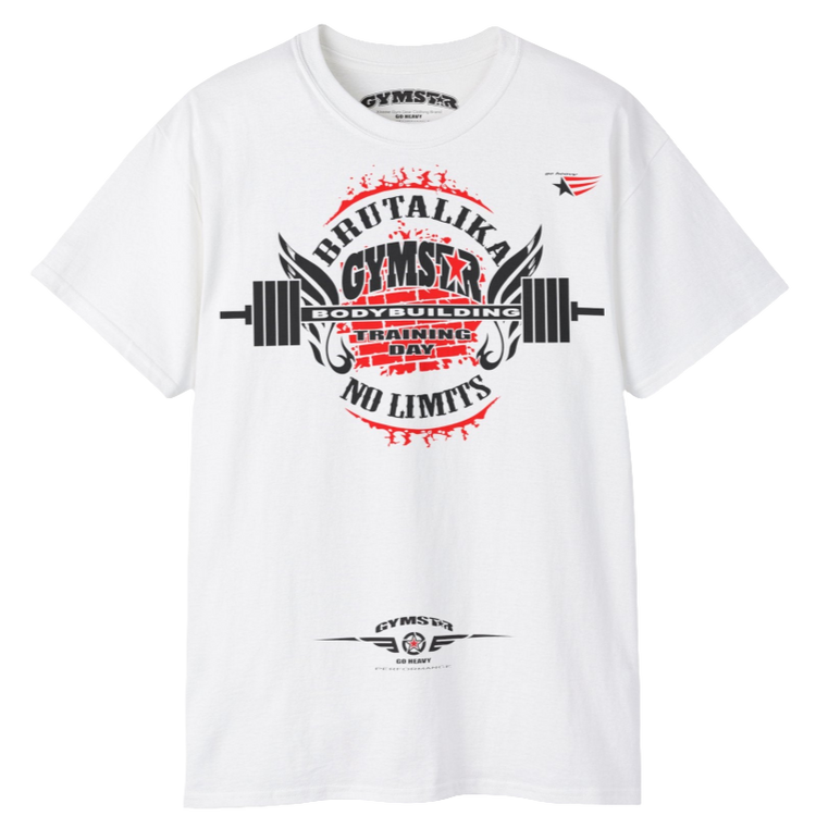 A white Gymstar t-shirt with a graphic print Brutalika and a barbell in the center, designed for fitness and sports. Front view.