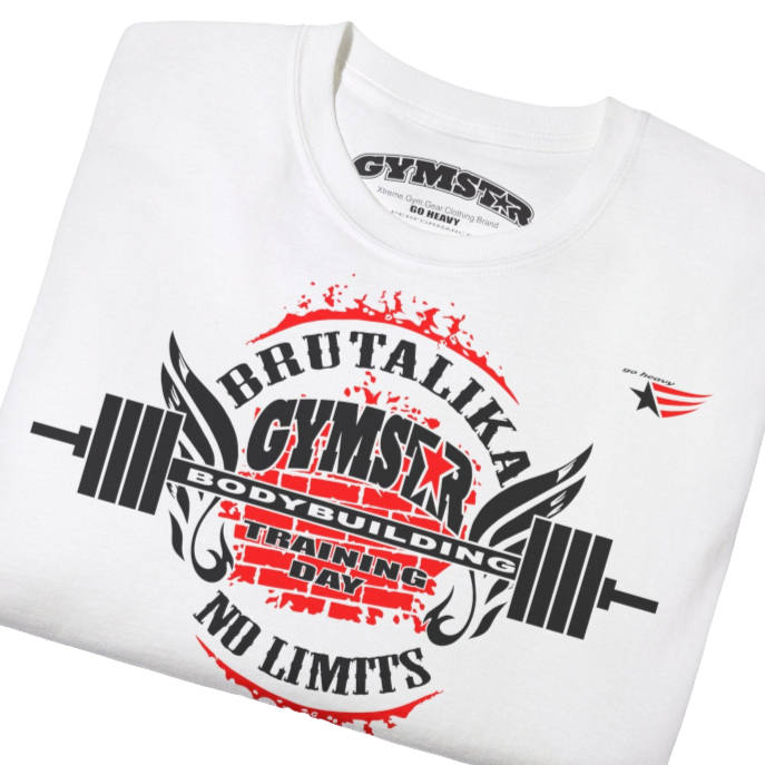 A  white Gymstar t-shirt with a graphic print Brutalica and a barbell in the center, designed for fitness and sports. Front close up view