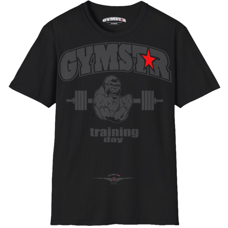 A black Gymstar fitness t-shirt with the brand logo and a motivating design Training Day. Front view.
