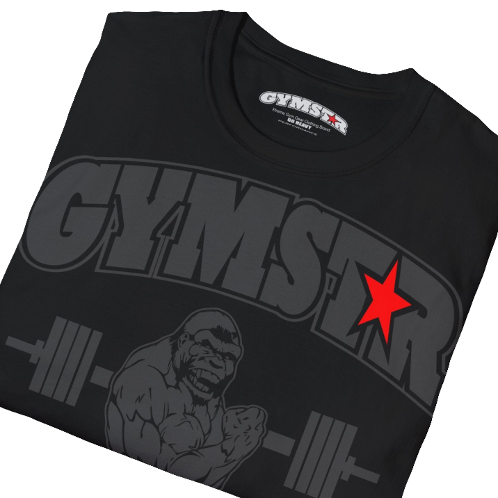 A black Gymstar fitness t-shirt with the brand logo and a motivating design Training Day. Front close up view.