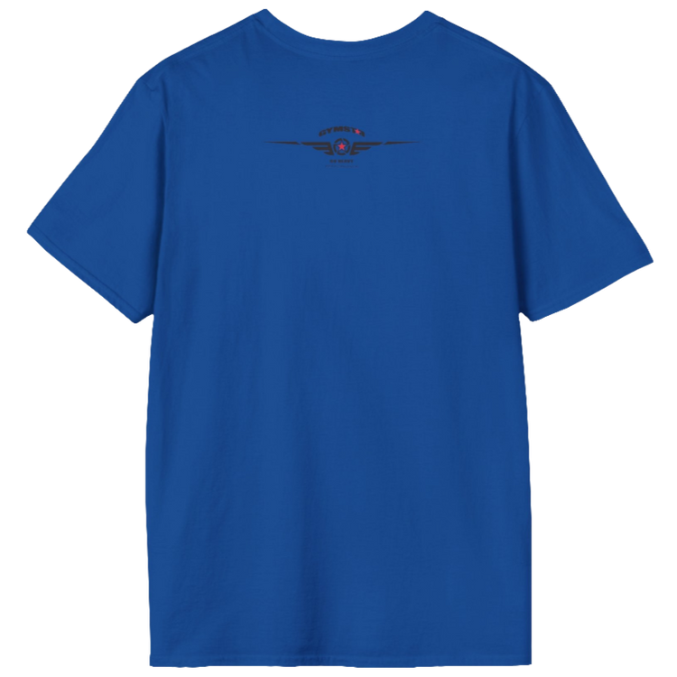 A  blue Gymstar fitness t-shirt with the brand logo and a motivating design Training Day. Rear view.