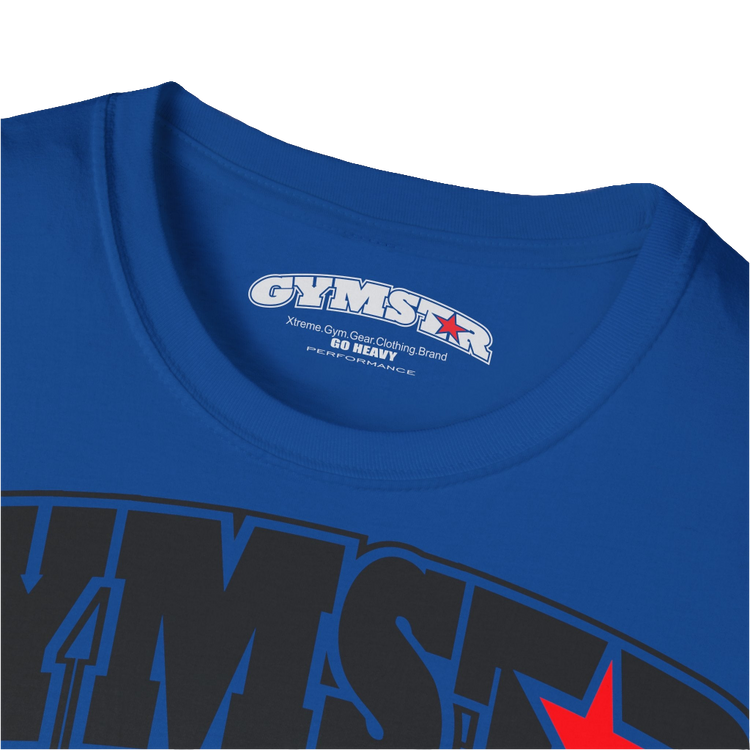 A navy blue Gymstar fitness t-shirt with the brand logo and a motivating design Training Day. Close up  view.