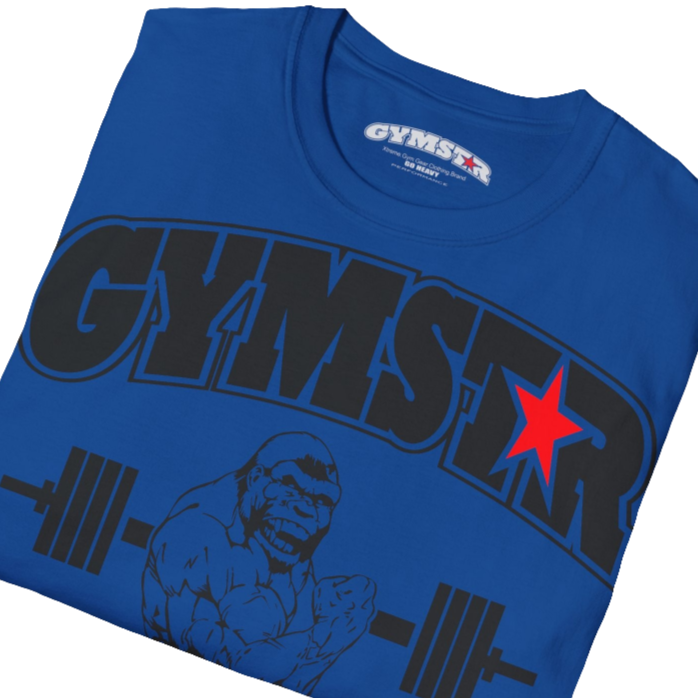 A navy blue Gymstar fitness t-shirt with the brand logo and a motivating design Training Day. Front close up  view.