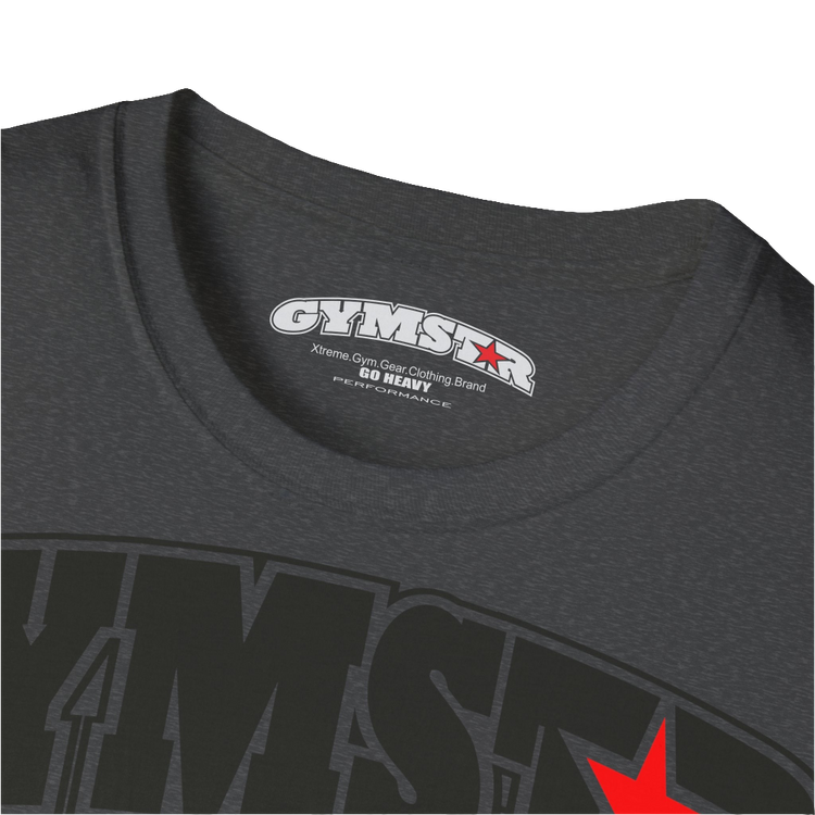 A grey Gymstar fitness t-shirt with the brand logo and a motivating design Training Day. Close up view.