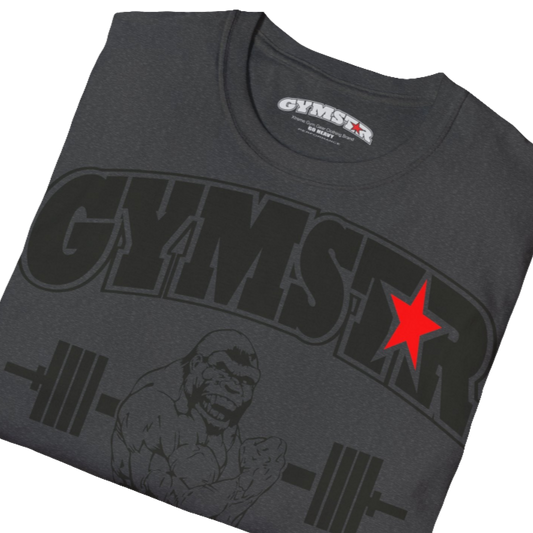 A grey Gymstar fitness t-shirt with the brand logo and a motivating design Training Day. Fornt close up view.