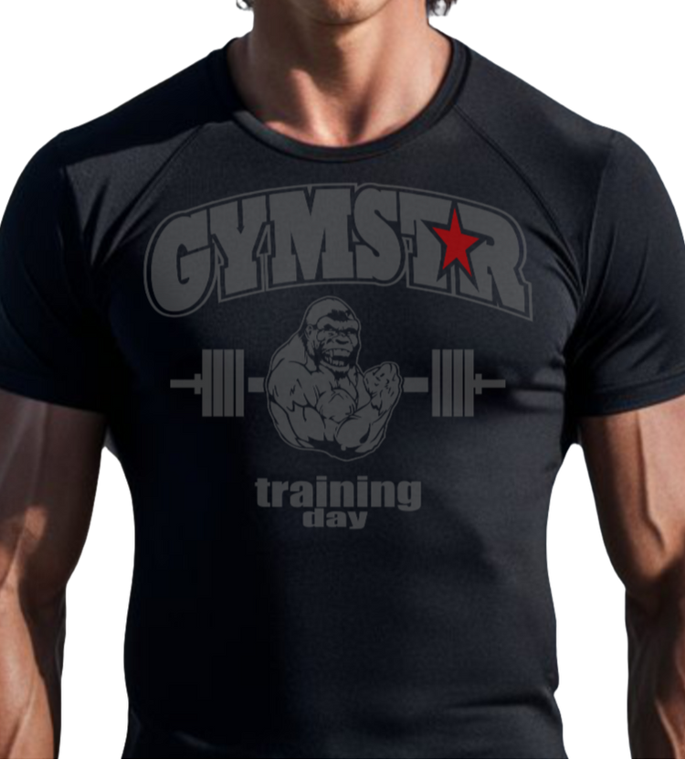 A man wearing navy blue Gymstar fitness t-shirt with the brand logo and a motivating design Training Day. Fornt view.