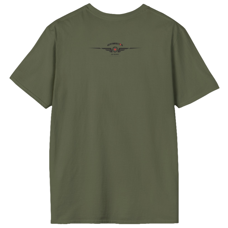 A military green Gymstar fitness t-shirt with the brand logo and a motivating design Training Day. Rear view.