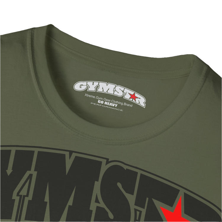 A military green Gymstar fitness t-shirt with the brand logo and a motivating design Training Day. Close up view.
