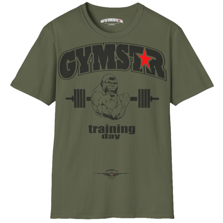 A militari green Gymstar fitness t-shirt with the brand logo and a motivating design Training Day. Front view.