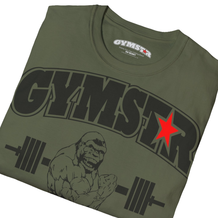A military green Gymstar fitness t-shirt with the brand logo and a motivating design Training Day. Front close up view.