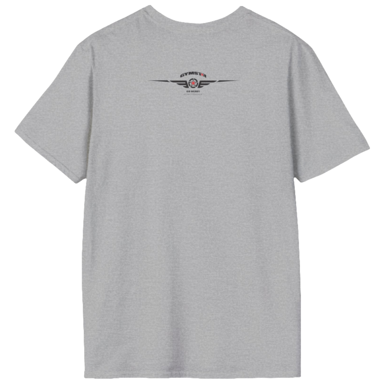 A silver grsy Gymstar fitness t-shirt with the brand logo and a motivating design Training Day. Rear view.