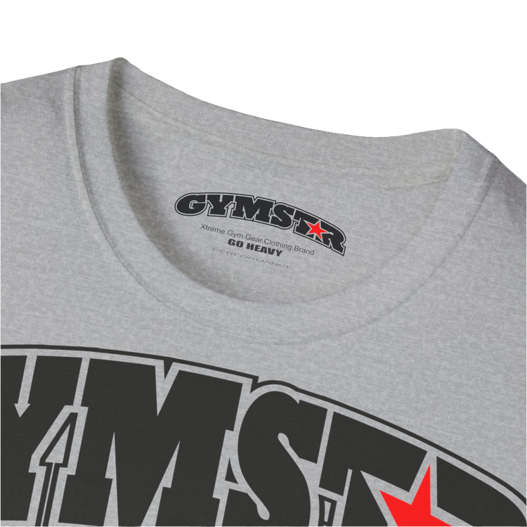 A silver grsy Gymstar fitness t-shirt with the brand logo and a motivating design Training Day. Close back view.