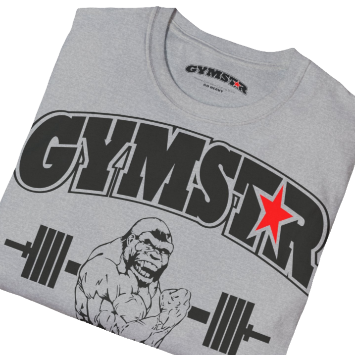 A silver grsy Gymstar fitness t-shirt with the brand logo and a motivating design Training Day. Front close up view.