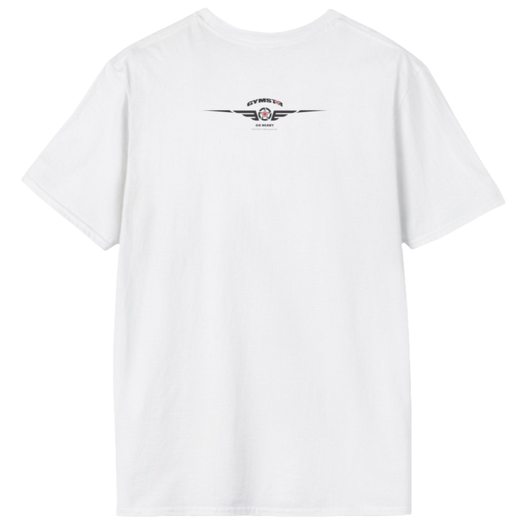 A white Gymstar fitness t-shirt with the brand logo and a motivating design Training Day. Rear view.