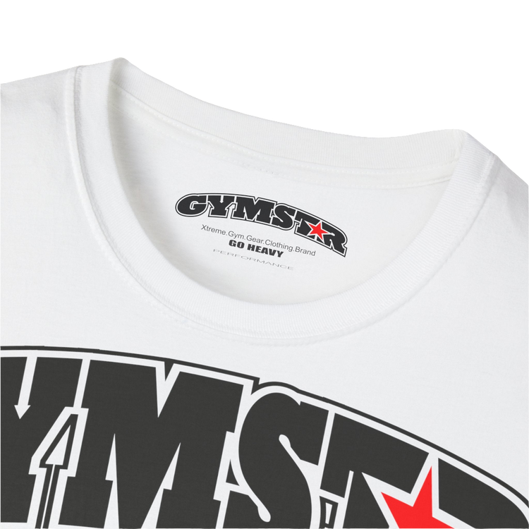 A white Gymstar fitness t-shirt with the brand logo and a motivating design Training Day. Close up view.