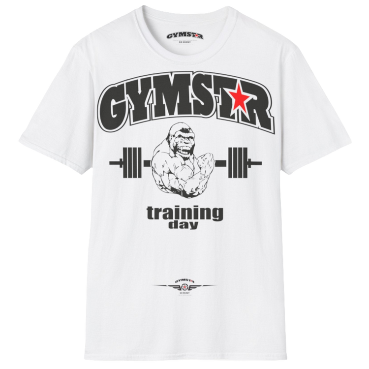A white Gymstar fitness t-shirt with the brand logo and a motivating design Training Day. Rear view.