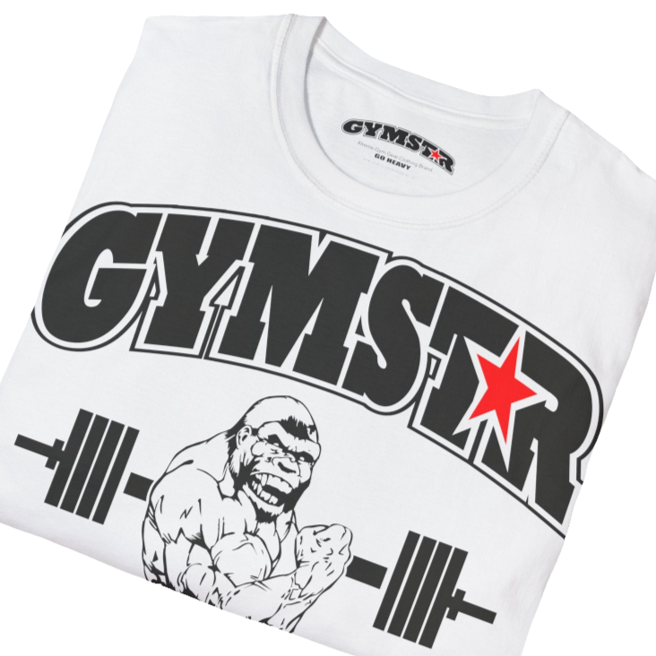 A white Gymstar fitness t-shirt with the brand logo and a motivating design Training Day. Front close up view.