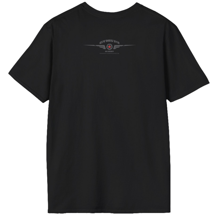 A black Gymstar tee with a red and black graphic that reads 'No Guns No glory' and has a big star and a Man lifting dumbbellsl, presumably bodybulding or fitness. Rear  view.