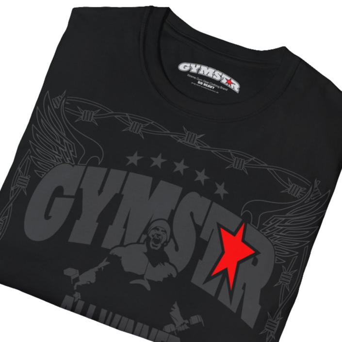 A black Gymstar tee with a red and black graphic that reads 'No Guns No glory' and has a big star and a Man lifting dumbbellsl, presumably bodybulding or fitness.  Close up view.