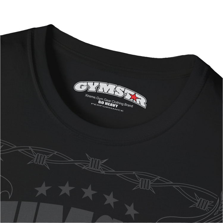 A black Gymstar tee with a red and black graphic that reads 'No Guns No glory' and has a big star and a Man lifting dumbbellsl, presumably bodybulding or fitness. Logo Close up view.