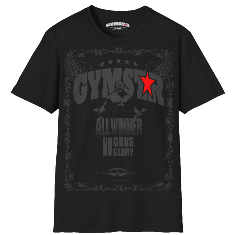 A black Gymstar tee with a red and black graphic that reads 'No Guns No glory' and has a big star and a Man lifting dumbbellsl, presumably bodybulding or fitness. Front view.