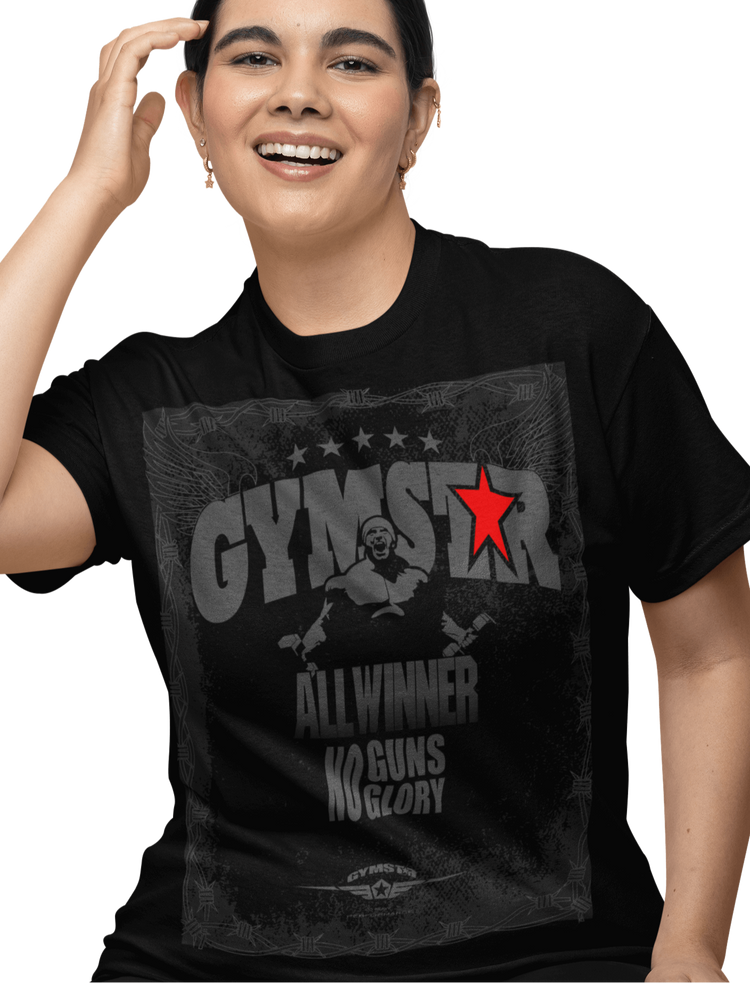 The image shows awoman wearing  a black sports t-shirt Gymstar with the text 'GYMSTAR Allwiner' and a bodybuilder graphics and logo. Front view.