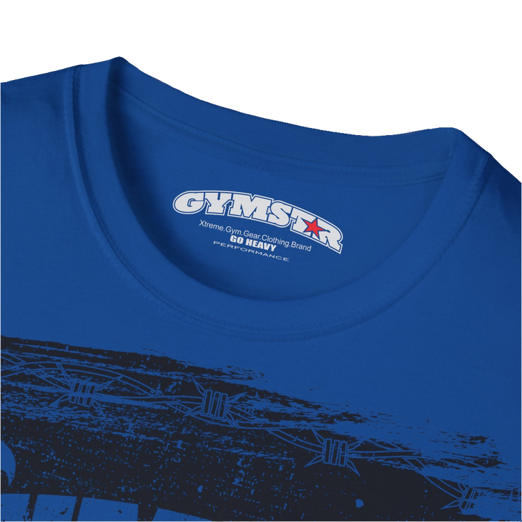 A blue Gymstar tee with a red and black graphic that reads 'No Guns No glory' and has a big star and a Man lifting dumbbellsl, presumably bodybulding or fitness. Logo Close up view.