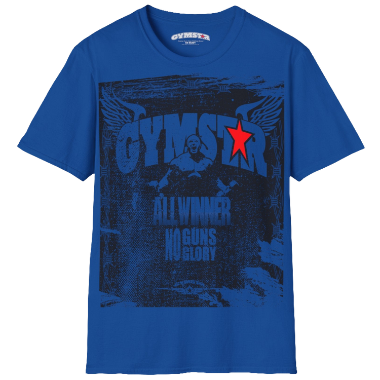 A blue Gymstar tee with a red and black graphic that reads 'No Guns No glory' and has a big star and a Man lifting dumbbellsl, presumably bodybulding or fitness. Front view.