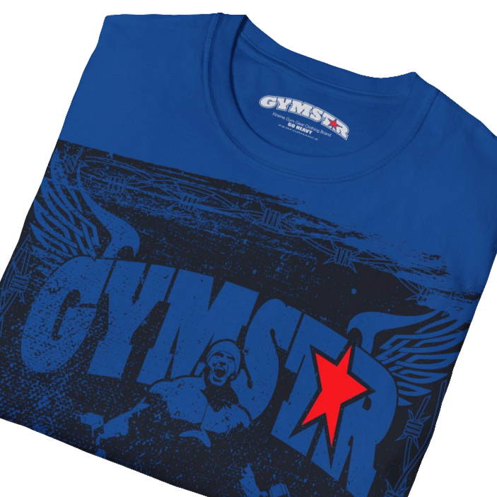 A blue Gymstar tee with a red and black graphic that reads 'No Guns No glory' and has a big star and a Man lifting dumbbellsl, presumably bodybulding or fitness. Close up view.