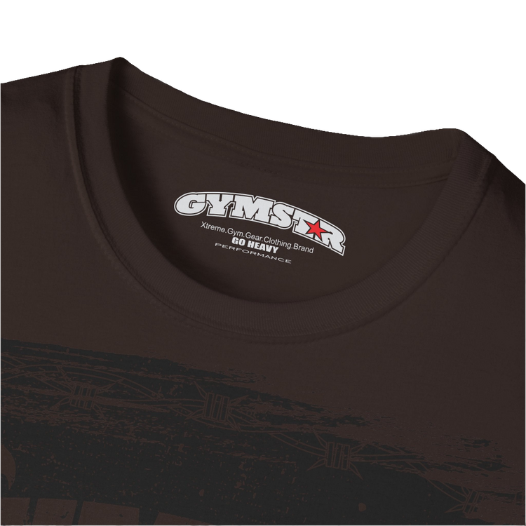 A brown Gymstar tee with a red and black graphic that reads 'No Guns No glory' and has a big star and a Man lifting dumbbellsl, presumably bodybulding or fitness. Logo Close up view.