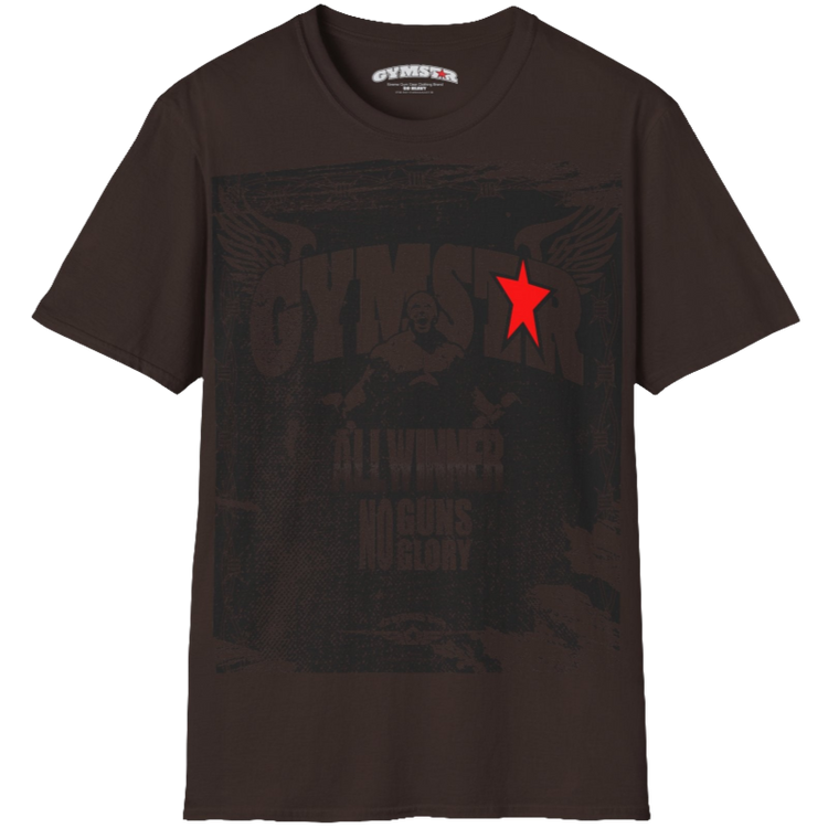 A brown Gymstar tee with a red and black graphic that reads 'No Guns No glory' and has a big star and a Man lifting dumbbellsl, presumably bodybulding or fitness. Front view.