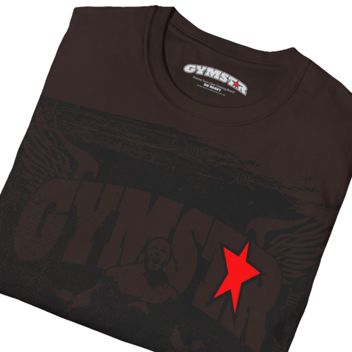 A brown Gymstar tee with a red and black graphic that reads 'No Guns No glory' and has a big star and a Man lifting dumbbellsl, presumably bodybulding or fitness.  Close up view.